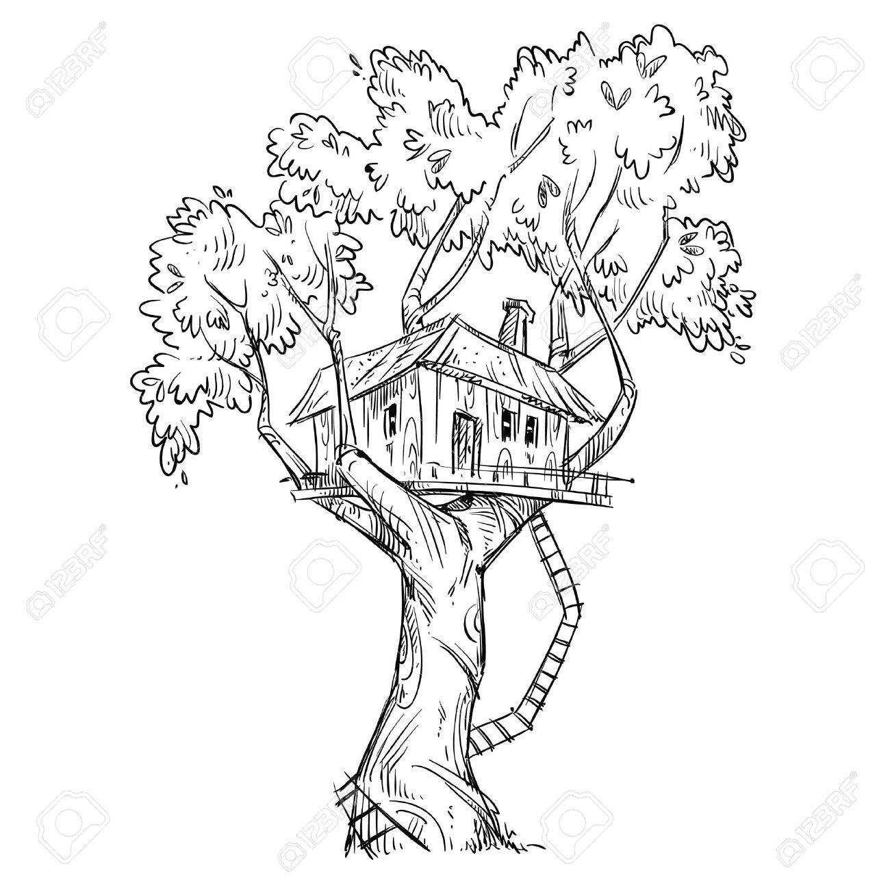 1300x1300 Treehouse. Hand Drawn Illustration. Royalty Free Cliparts, Vectors