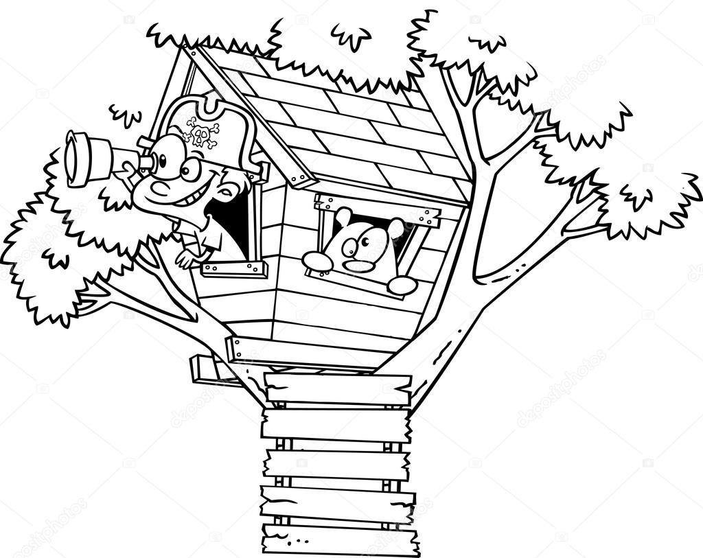 1024x813 Vector Of A Cartoon Pirate Boy In His Tree House Black And White