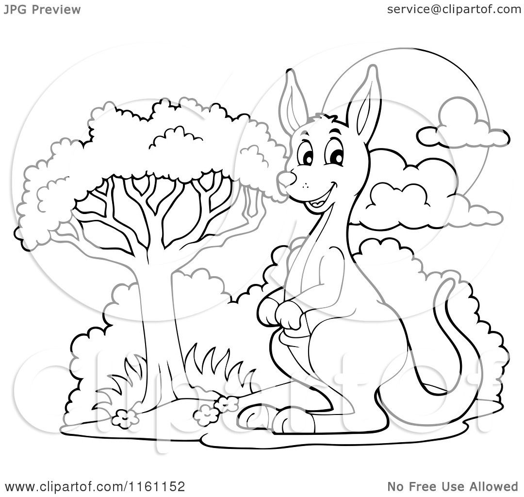 1080x1024 Cartoon Of An Outlined Kangaroo By A Tree
