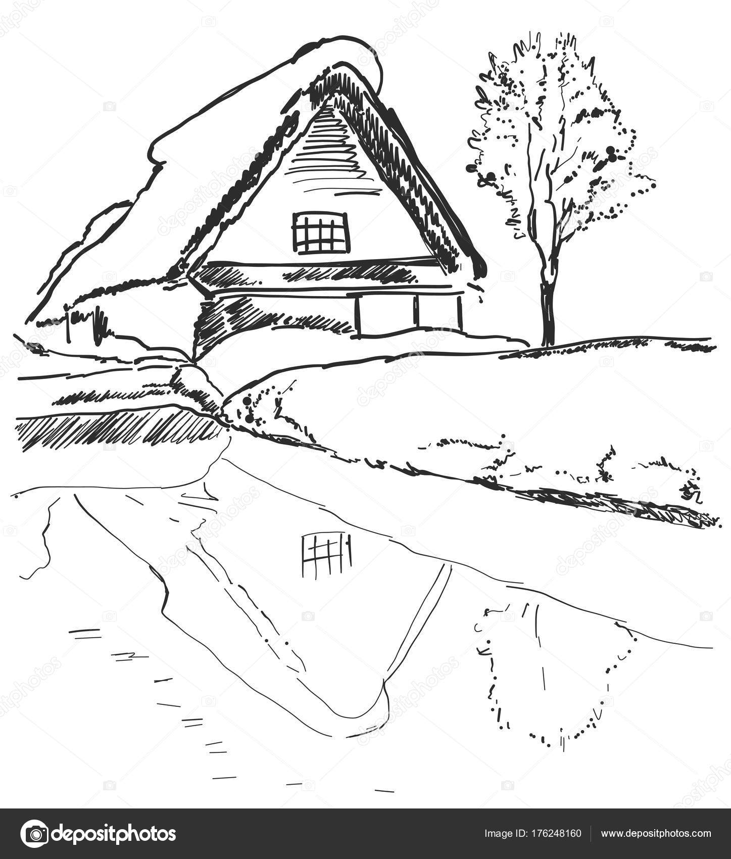 1447x1700 Hill, Lake, House, Tree. Landscape Sketch. Mirror Image Stock