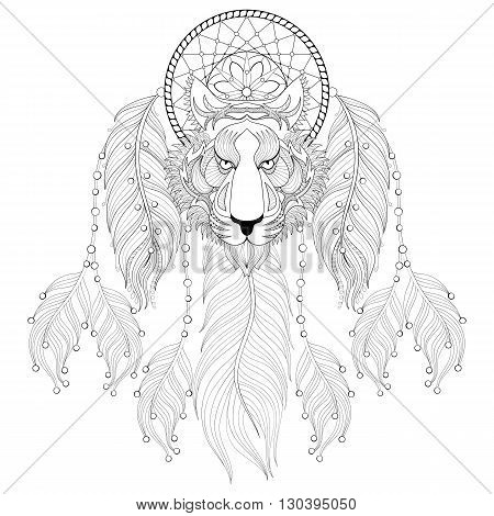 450x470 Hand Drawn Zentangle Dreamcatcher With Tribal Tiger Face For Adult