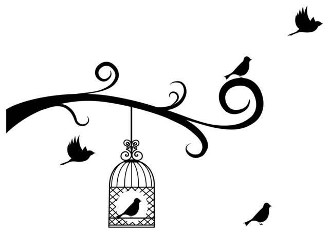 640x456 Bird Cage And Birds With Tree Branches Decal