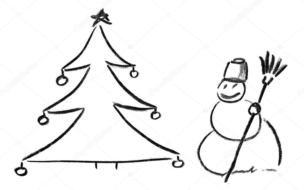 1024x639 Pencil Sketch Of Christmas Tree And Snowman Stock Photo