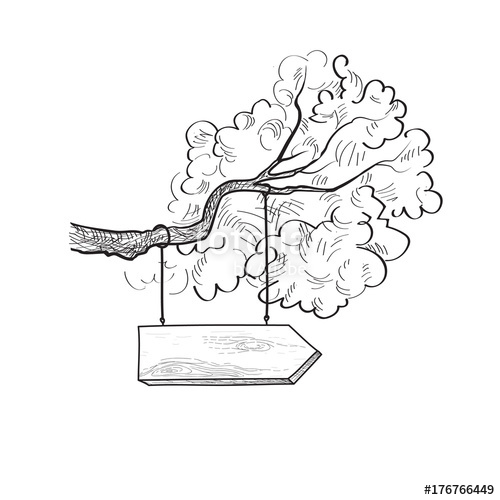 500x500 Arrow Signpost On The Tree Branch. Doodle Wooden Road Sign. Plan