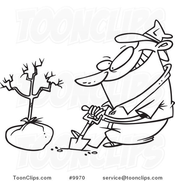 581x600 Cartoon Black And White Line Drawing Of A Guy Planting A Tree
