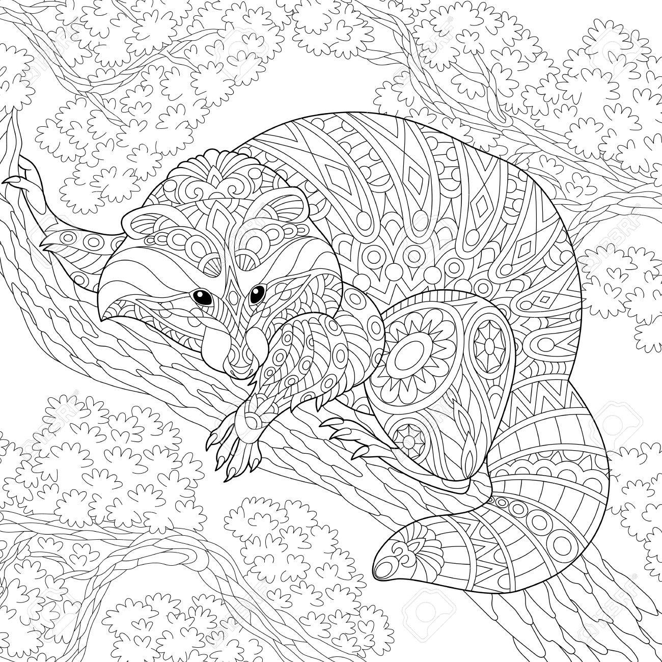 1300x1300 Coloring Page Of Raccoon Sitting On Tree Branch. Freehand Sketch
