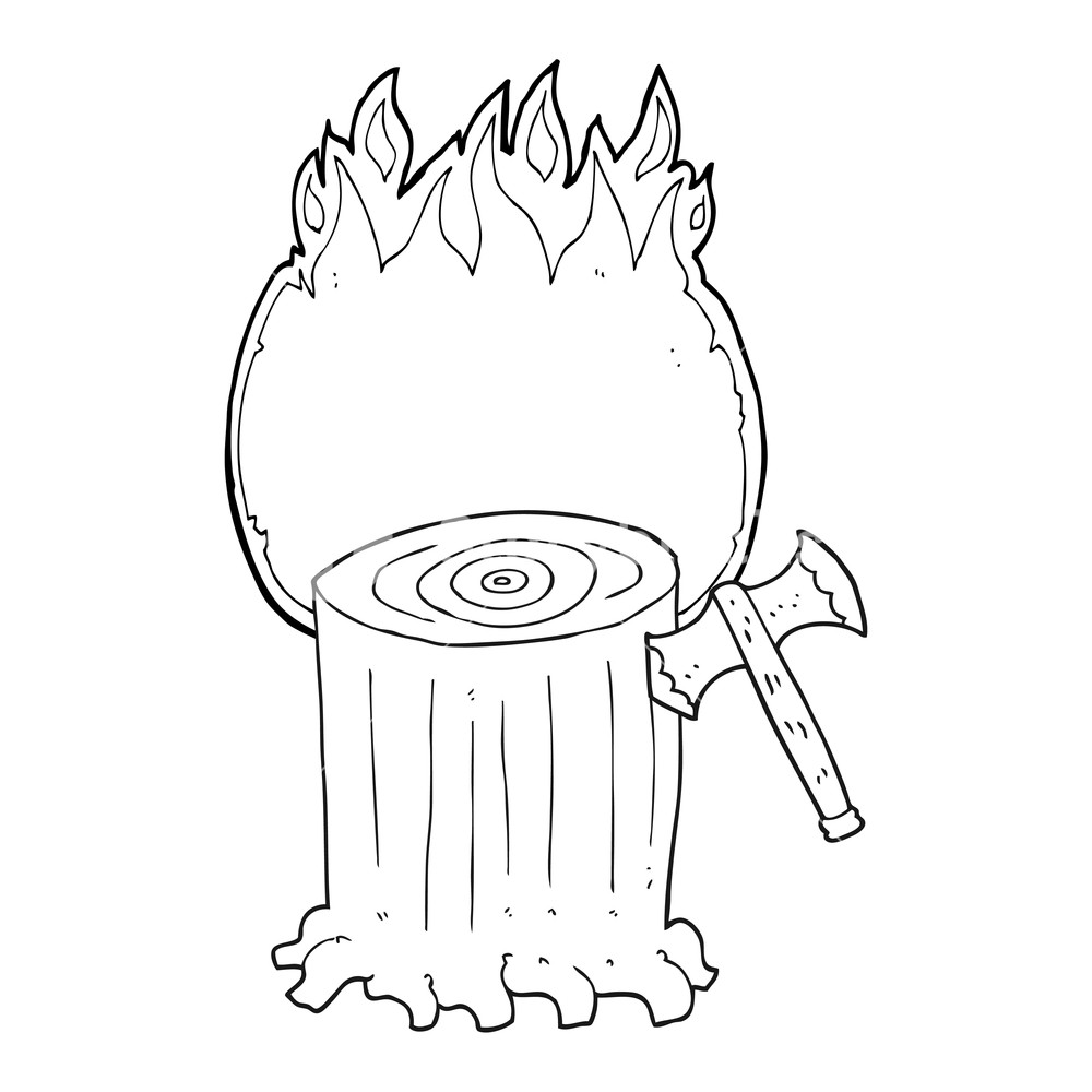 1000x1000 Freehand Drawn Black And White Cartoon Tree Stump And Axe Royalty