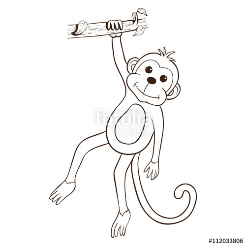 500x500 Cute Monkey With Outline Or Line Art Hanging On The Tree Trunk