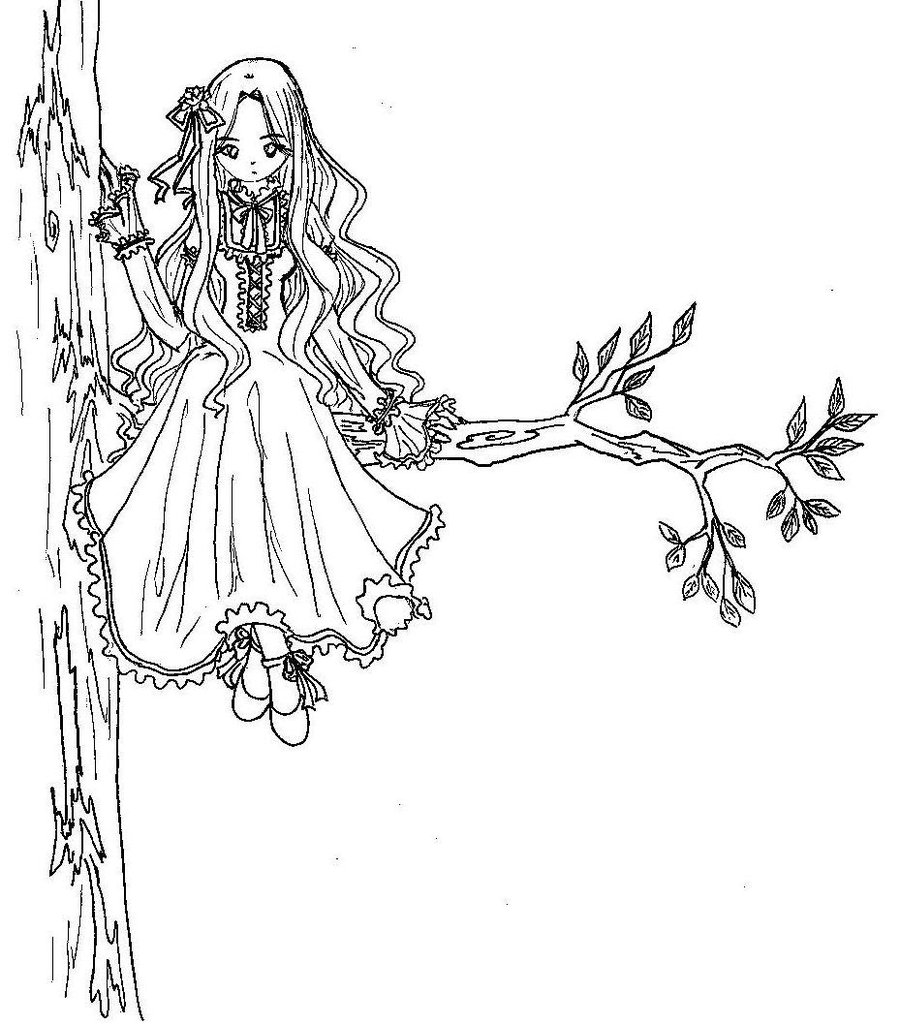 900x1025 Girl In The Tree Lineart By Ainepi
