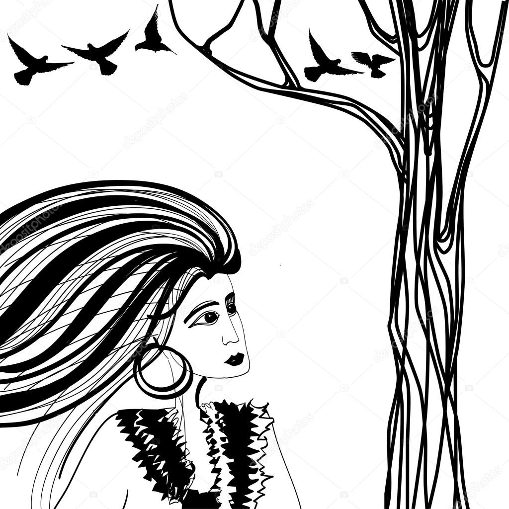 1024x1024 Black And White Sketch Of Woman Looking