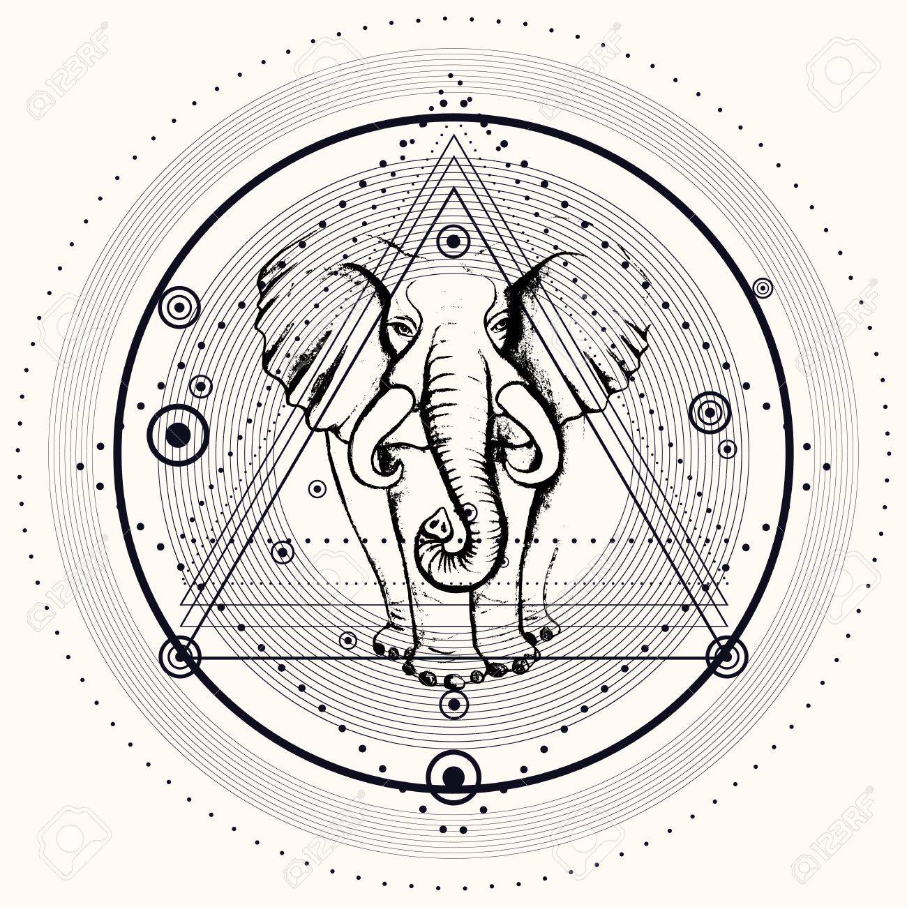 1300x1300 Blackwork Elephant And Triangular Pyramid.silhouette Elephant