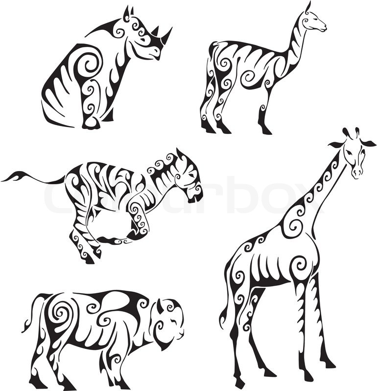 770x800 Ungulates Animals In Tribal Style. Set Of Black And White Vector