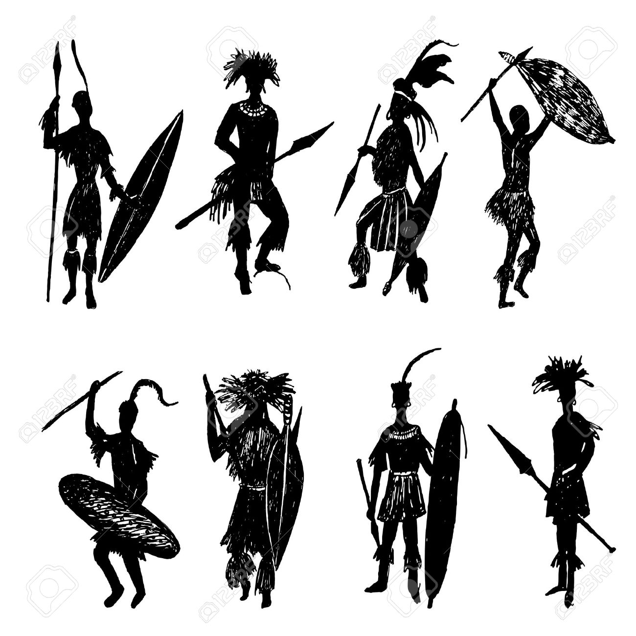 1300x1300 African Tribal Warriors Drawing Sketch Illustration Royalty Free