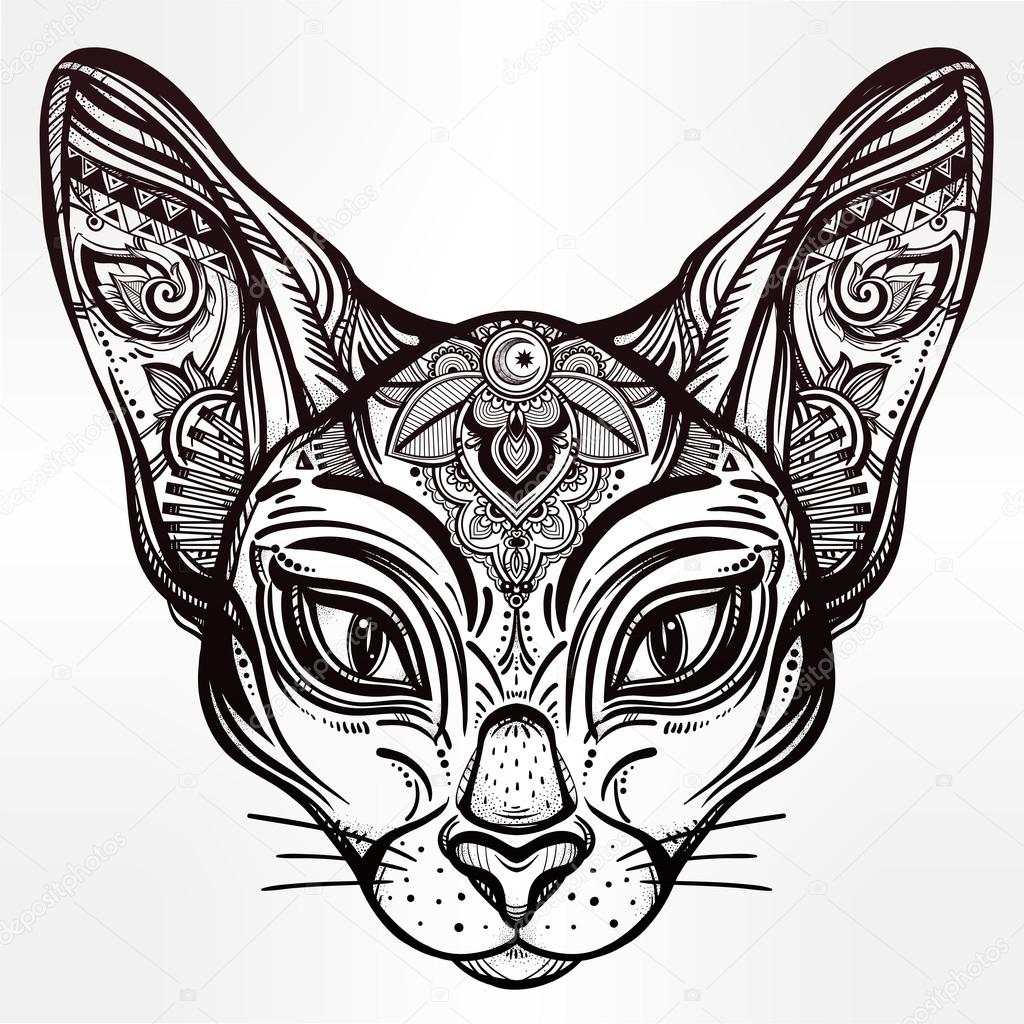 1024x1024 Vintage Ornate Cat Head With Tribal Ornaments. Stock Vector