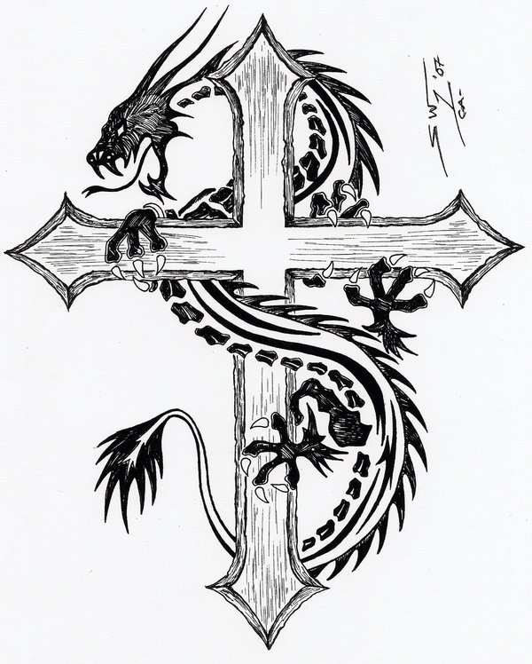 600x748 Tribal Dragon Cross Tattoos