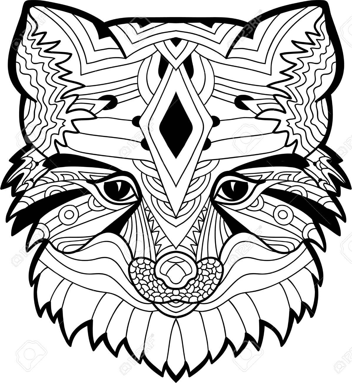 1196x1300 Monochrome Ink Drawing. A Drawing Of A Fox Head With Tribal
