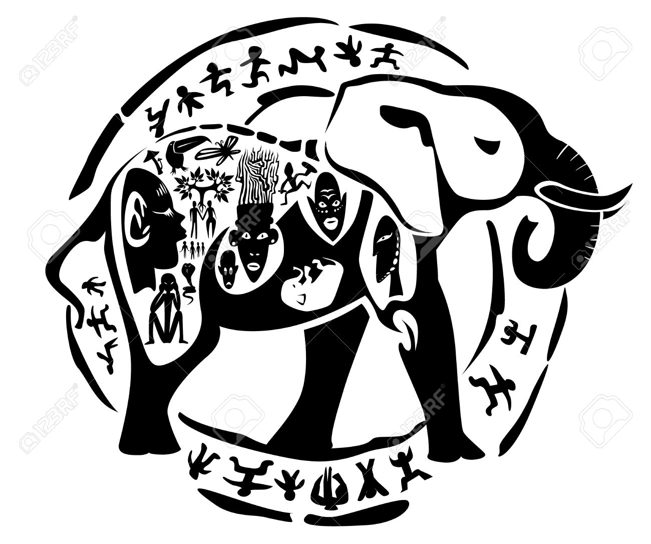 1300x1086 Tribal Elephant, Mammoth Illustration, Tattoo Stamp Royalty Free