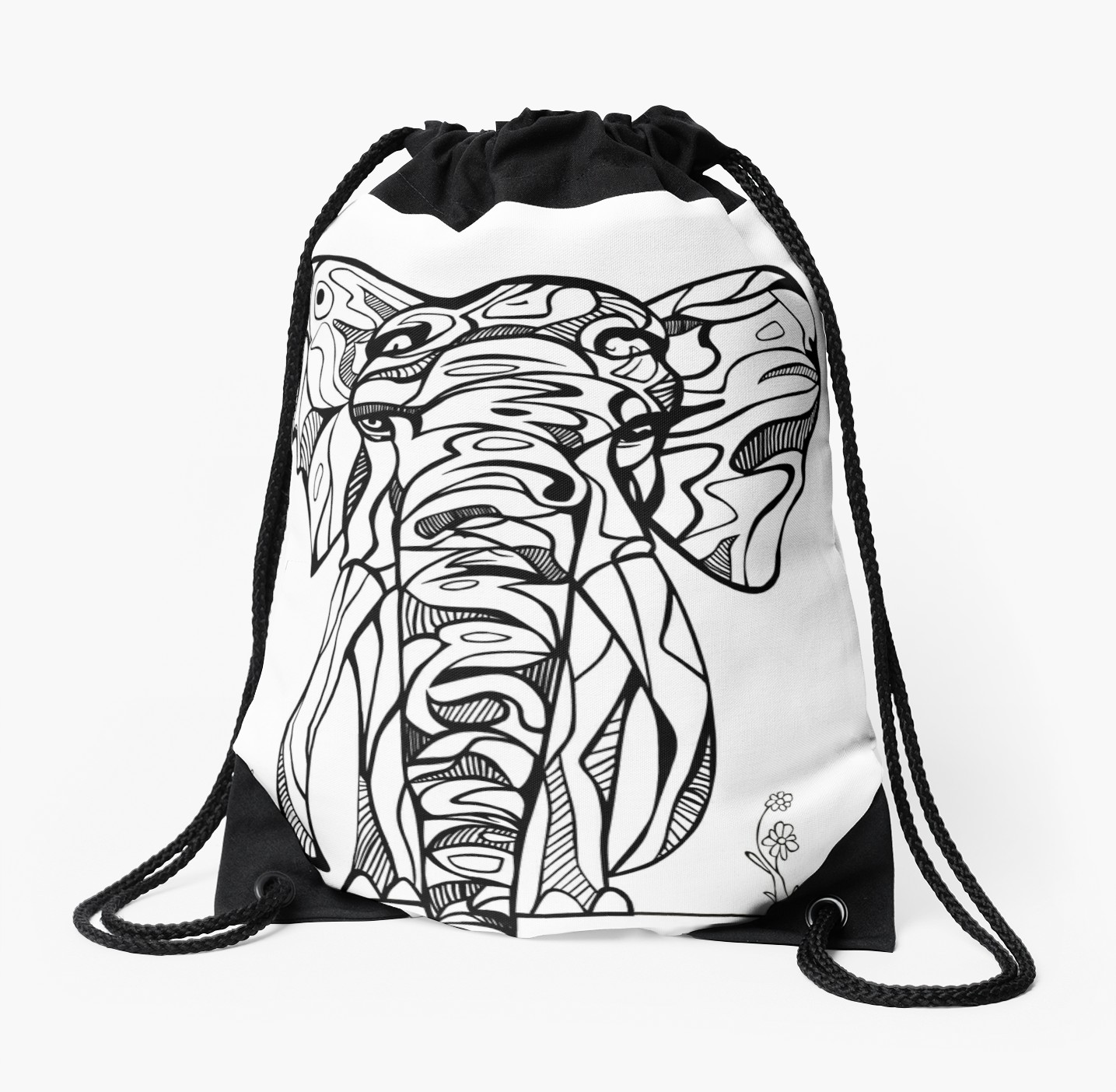 1435x1404 African Elephant Artsy Tribal Illustration Drawstring Bags By