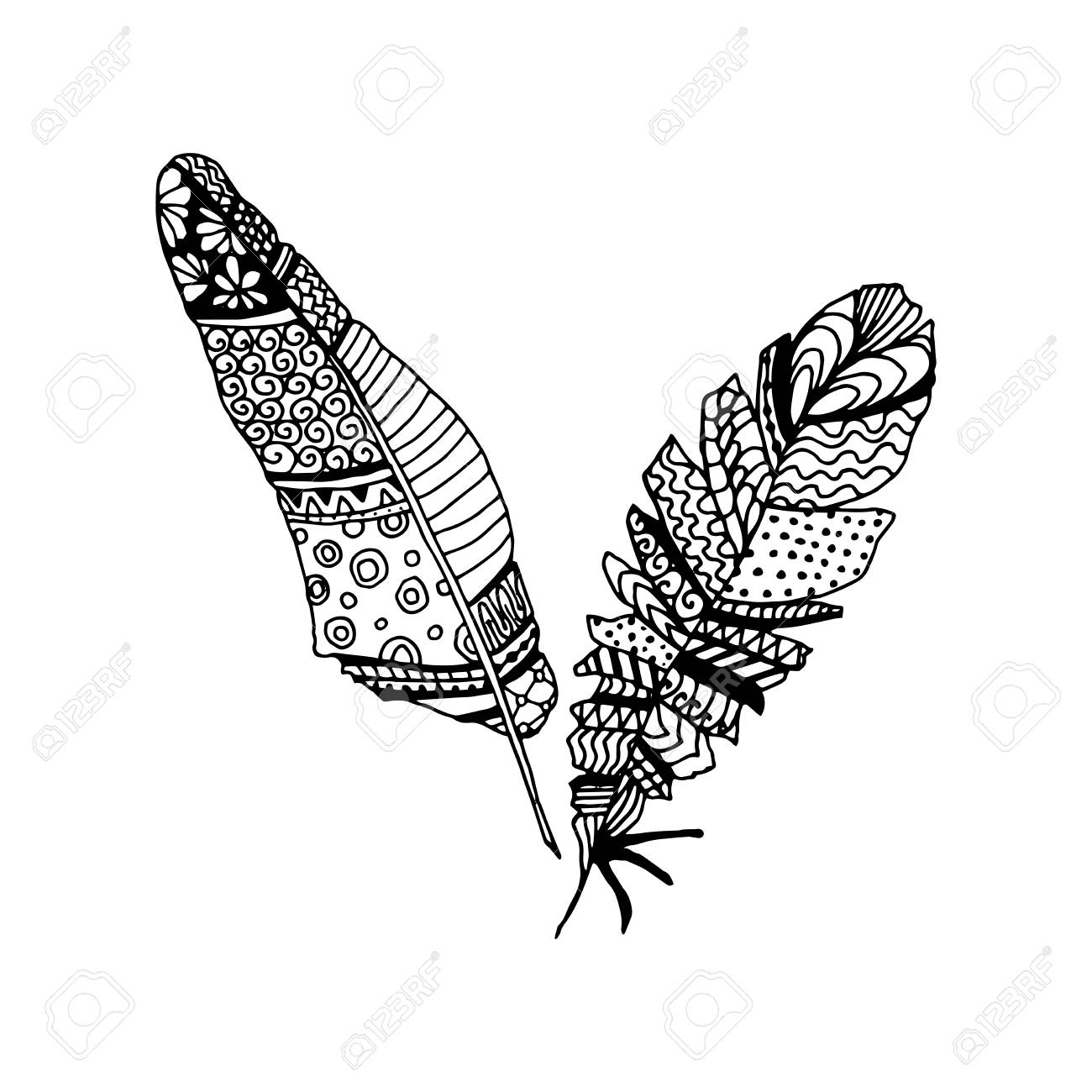 1300x1300 Decorative Black Line Art Doodle Style Tribal Feathers Royalty