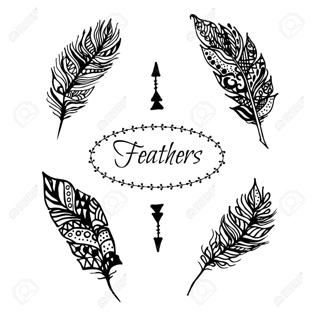 1300x1300 Hand Drawn Vector Black Feathers Set Isolated On White. Ethnic