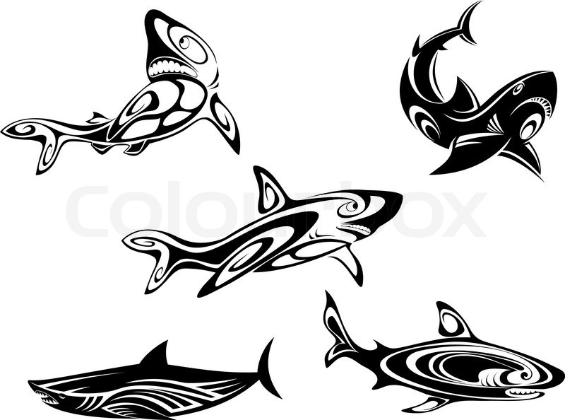 800x594 Set Of Shark Tattoos In Tribal Style Isolated On White Background