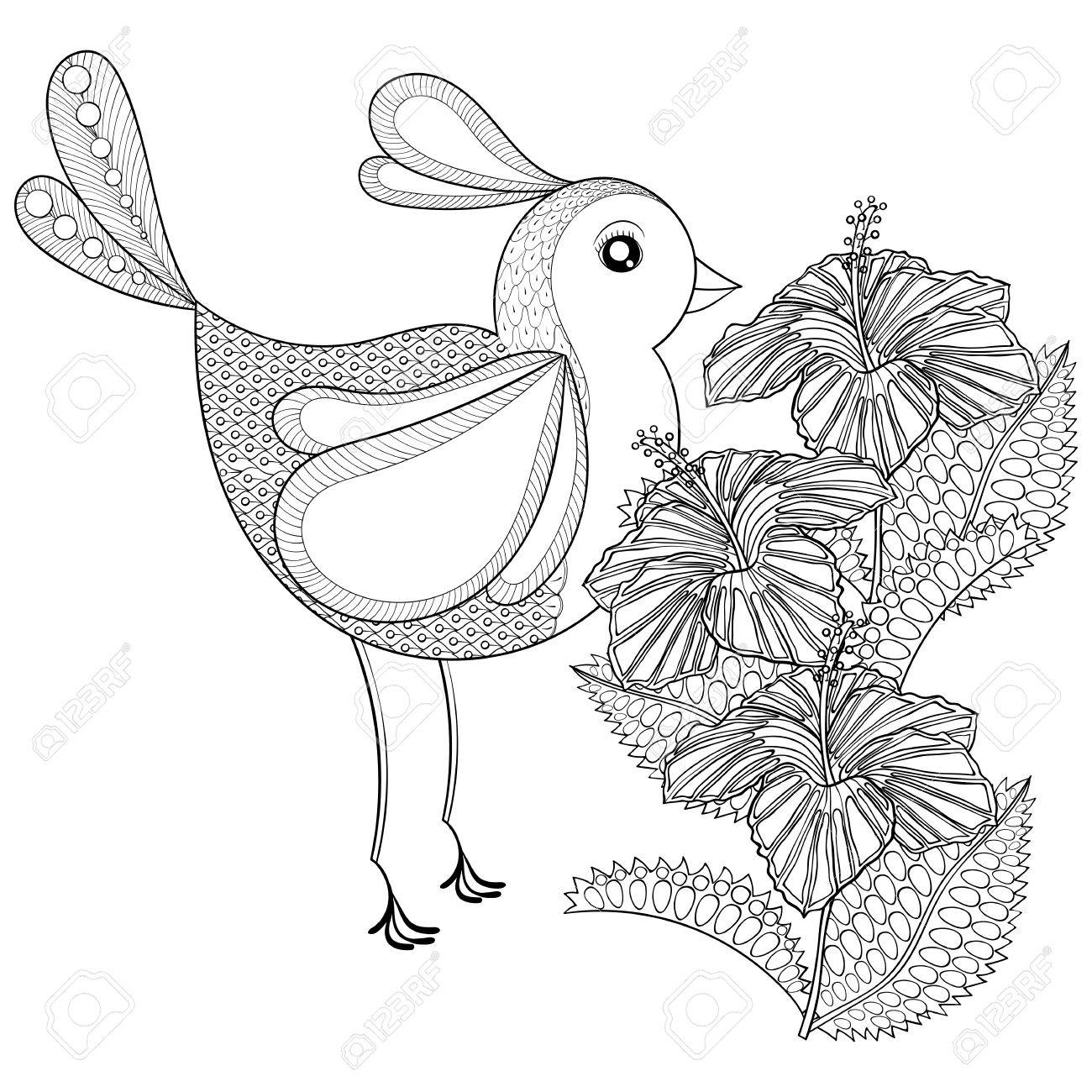 1300x1300 Hand Drawn Tribal Exotic Bird And Hibiskus Flower For Adult Anti