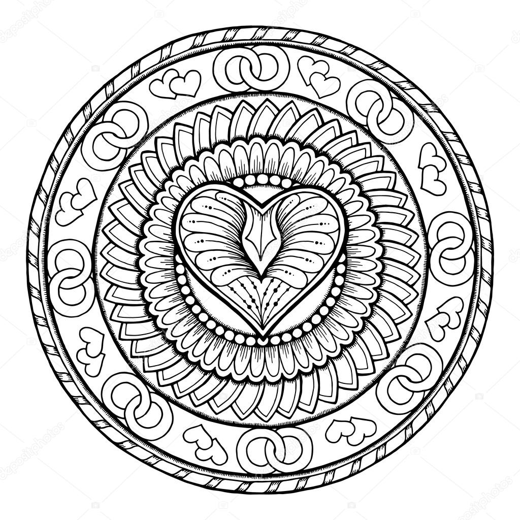 1024x1024 Love Theme. Circle Tribal Doodle Ornament With Heart. Hand Drawn