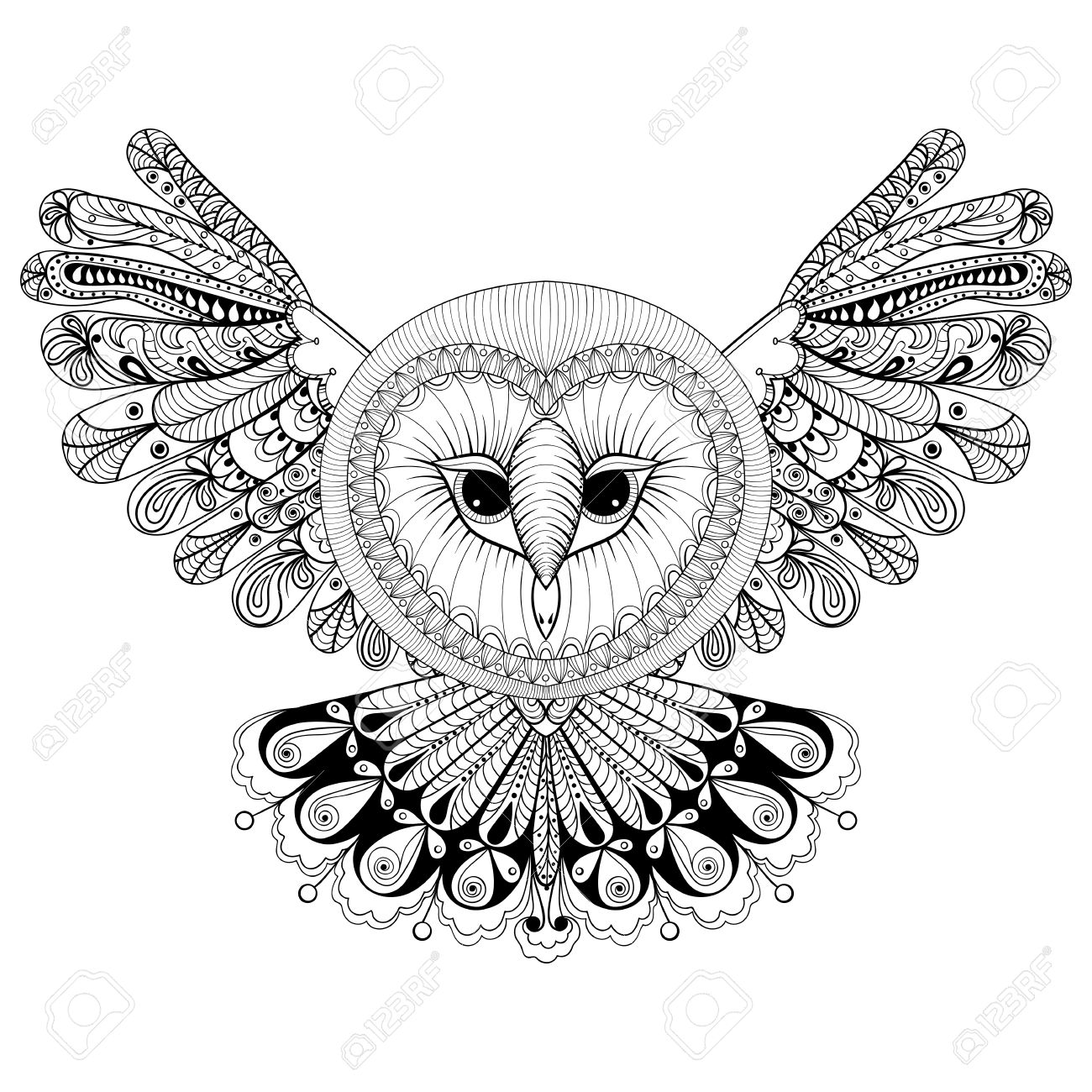 1300x1300 Coloring Page With Owl, Zentangle Hand Drawing Illustration