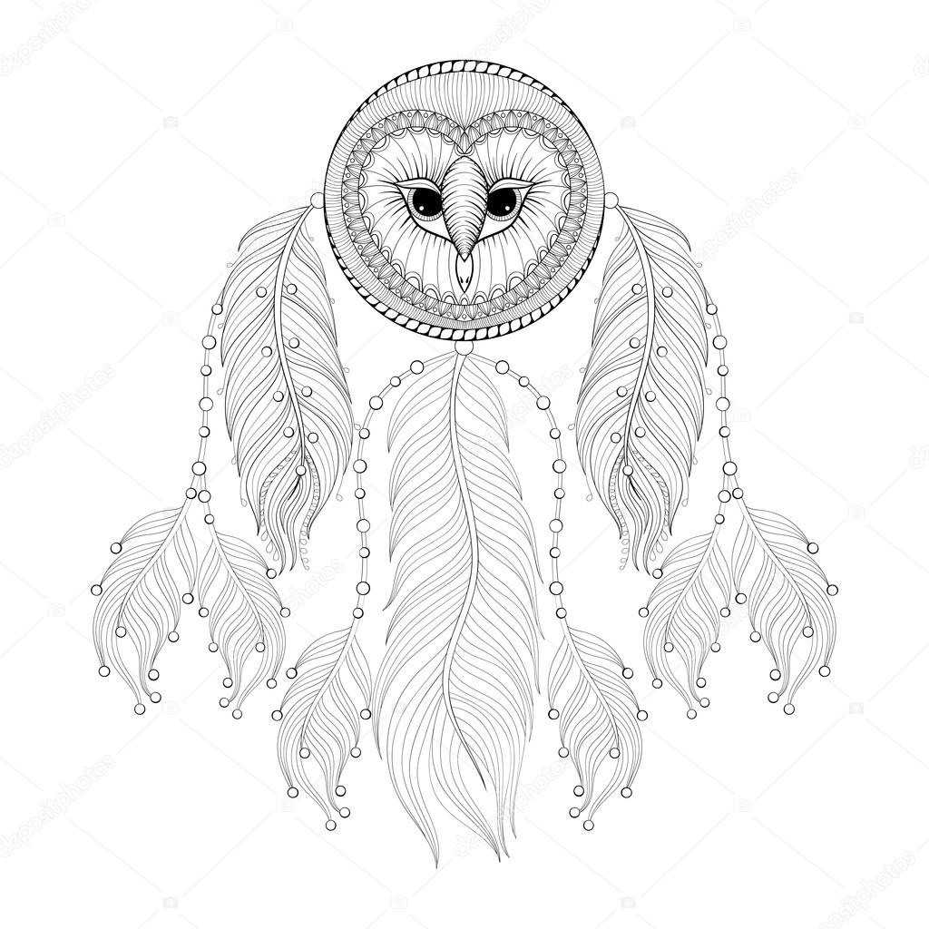 1024x1024 Hand Drawn Zentangle Dreamcatcher With Tribal Owl Face For Adult