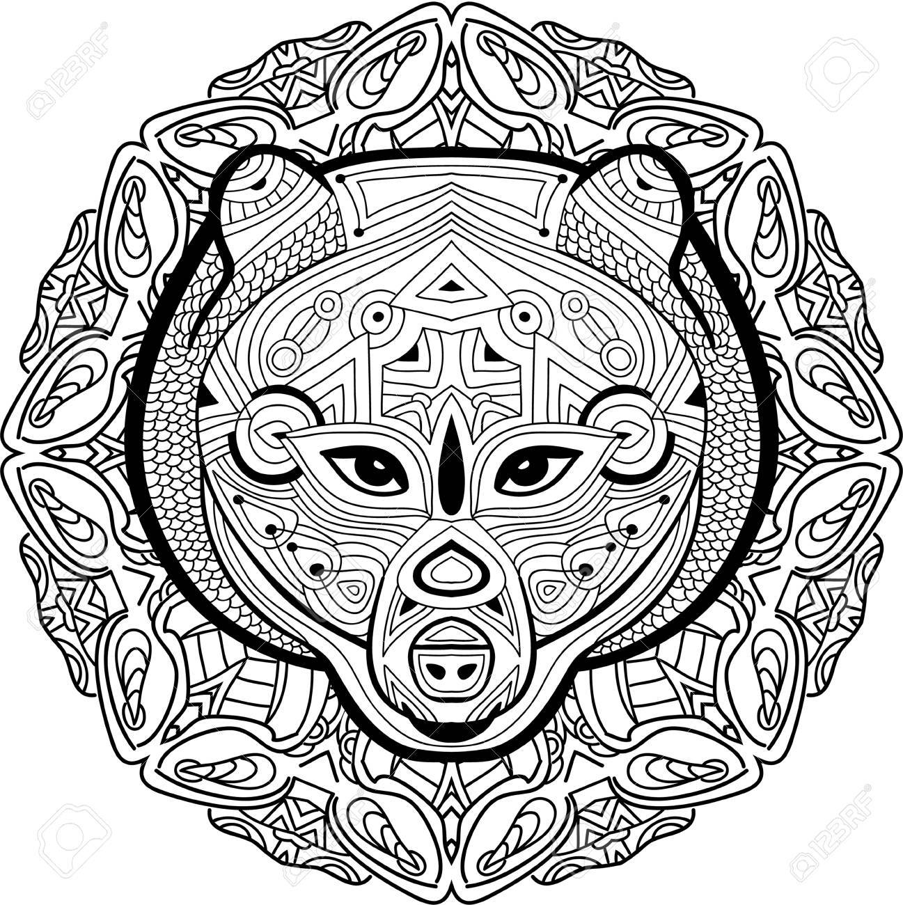 1297x1300 Hand Drawn Figure Of A Bear On The Background Circular Tribal