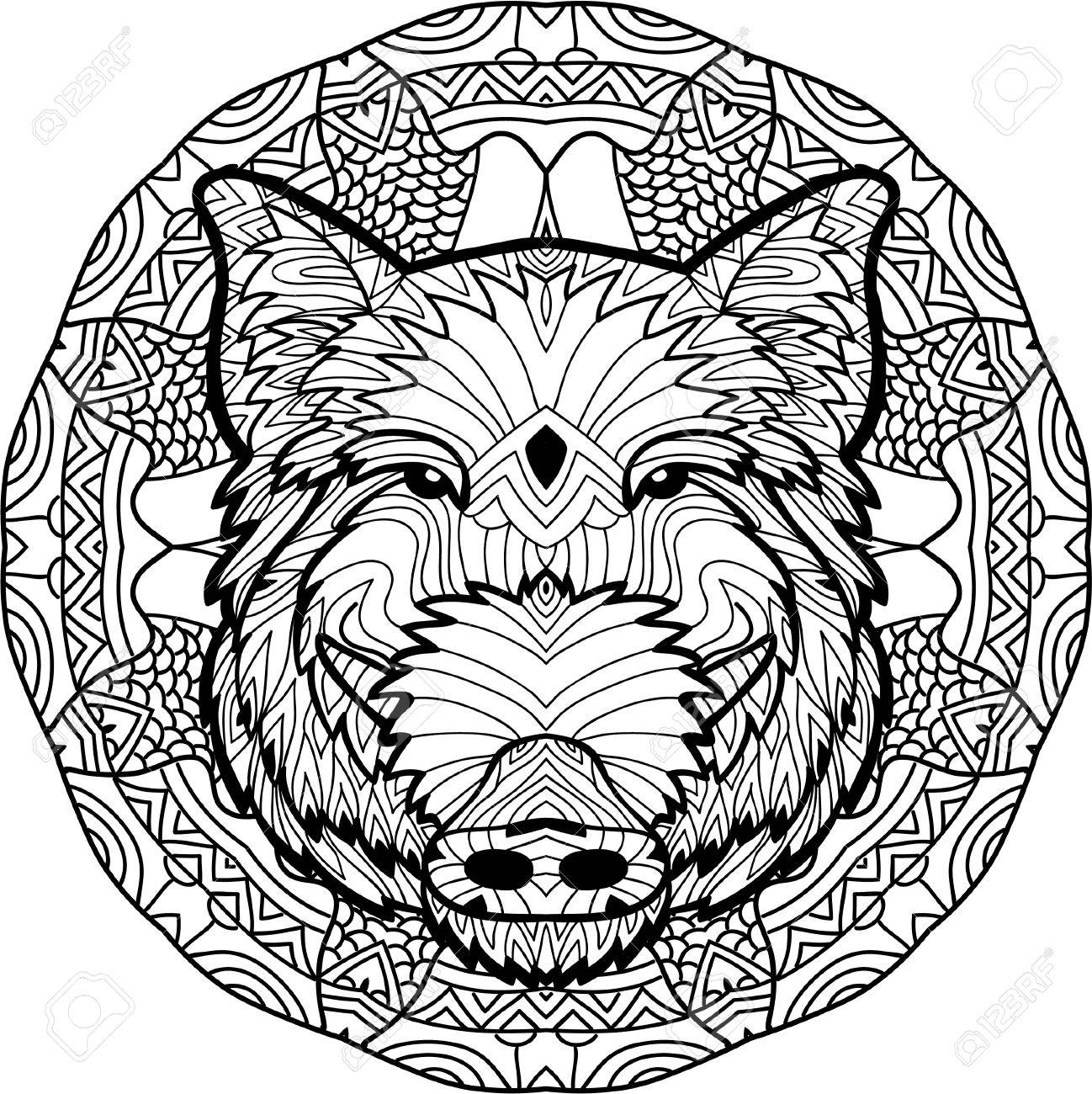 1298x1300 Monochrome Drawing With National Patterns. Painted Boar On