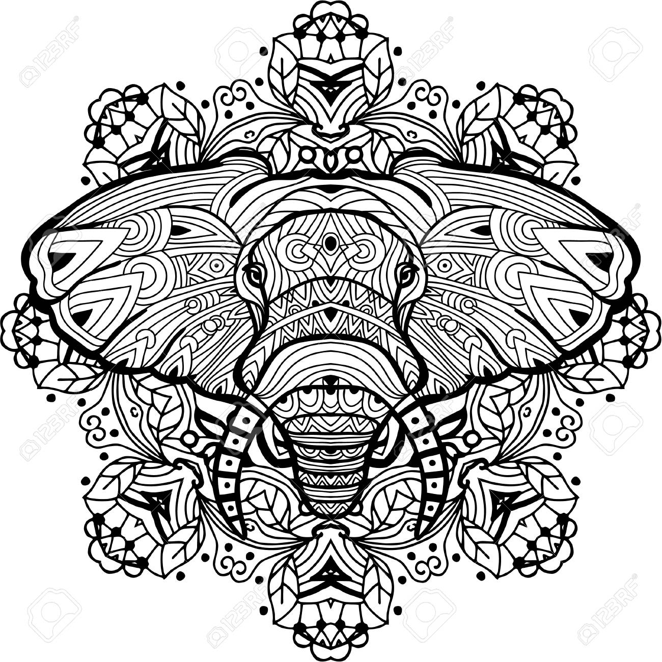 1300x1300 Monochrome Hand Drawn Ink Drawing. Painted Elephant On