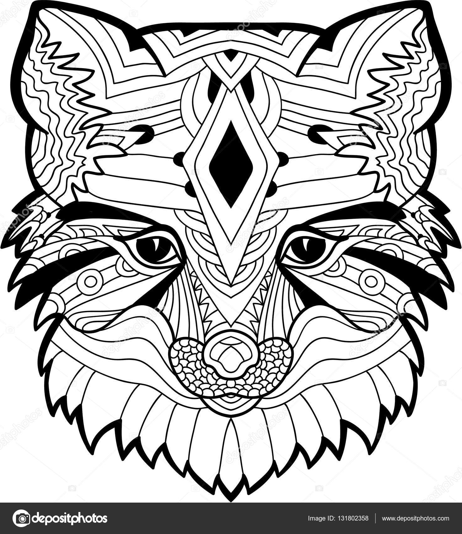 1473x1700 The Fox Head Pattern. Monochrome Ink Drawing Stock Vector