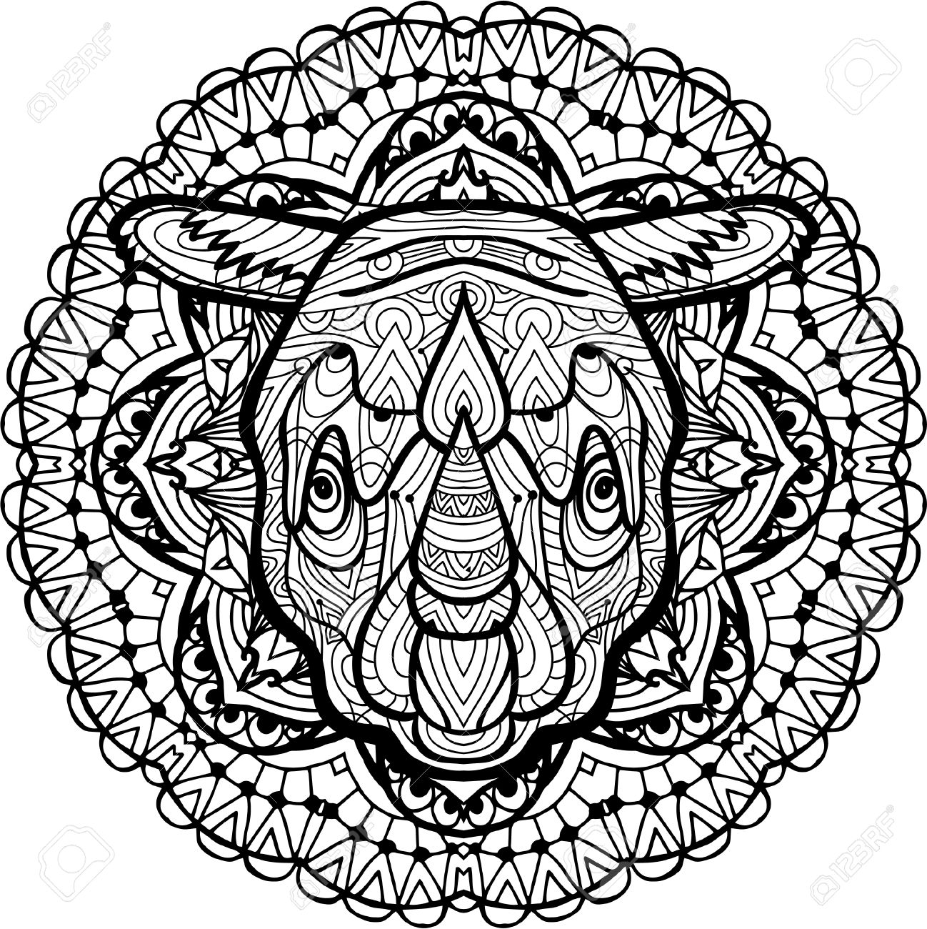 1298x1300 The Head Of A Rhino Is Drawn By Hand With Ink, With Ethnic