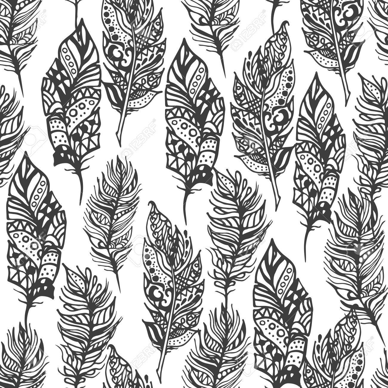 1300x1300 Hand Drawn Vector Doodle Black Feathers Seamless Pattern