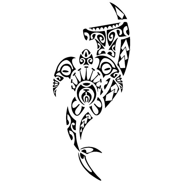 640x640 Tribal Style Black Ink Turtle And Hammerhead Shark Tattoo Stylized