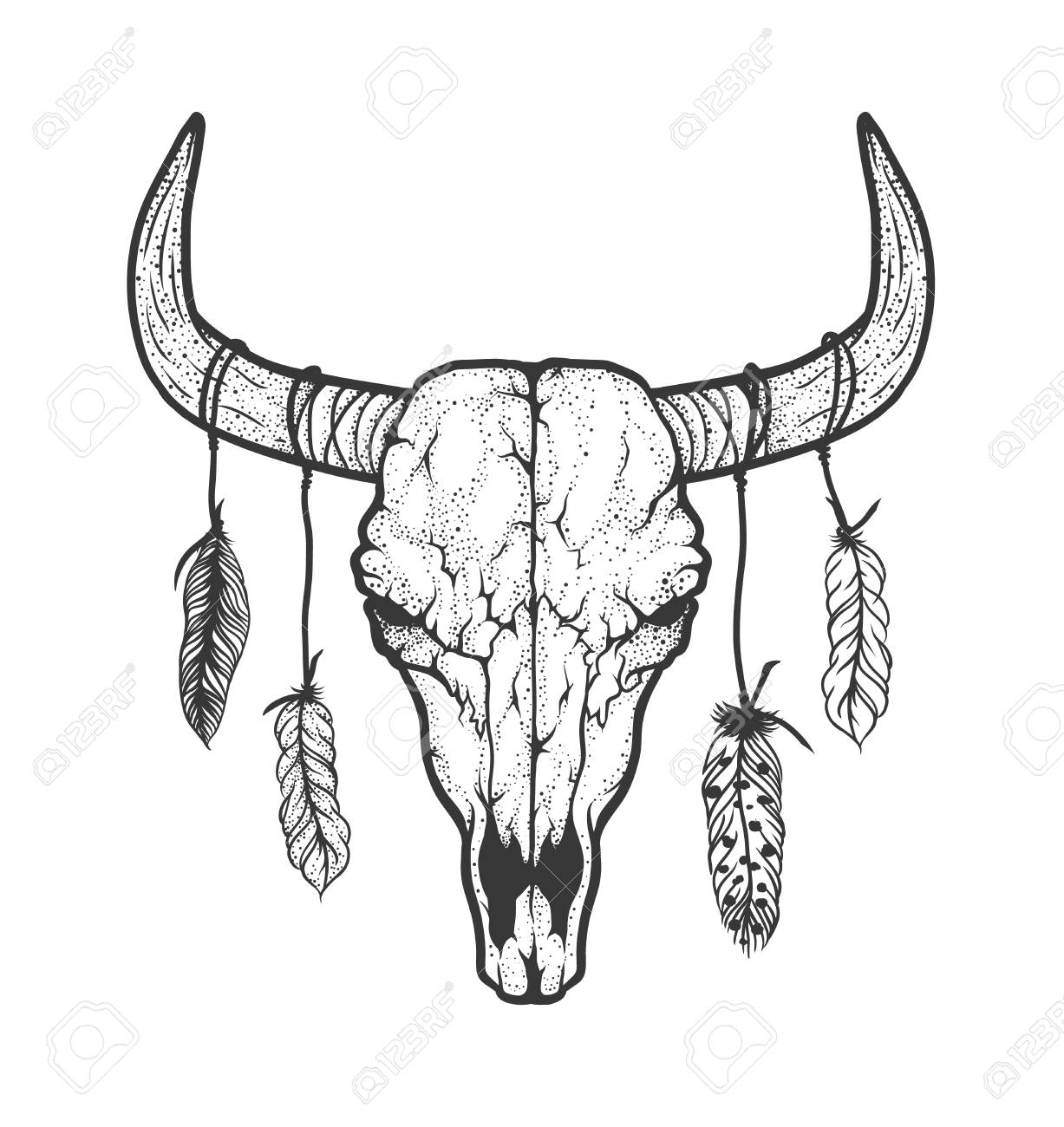 1227x1300 Bull Skull With Feathers Native Americans Tribal Style. Dotted