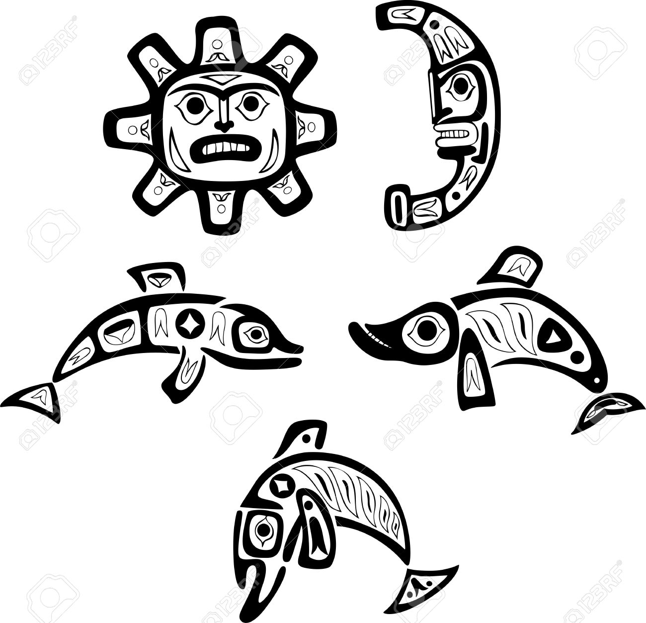 1300x1253 Native Indian Shoshone Tribal Drawings. Fish, Sun, Moon. Vector