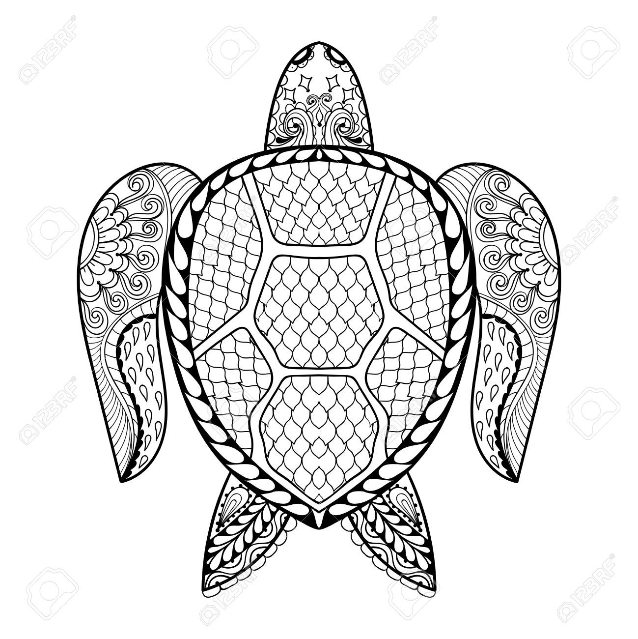 1299x1300 Hand Drawn Sea Turtle Mascot For Adult Coloring Pages In Doodle