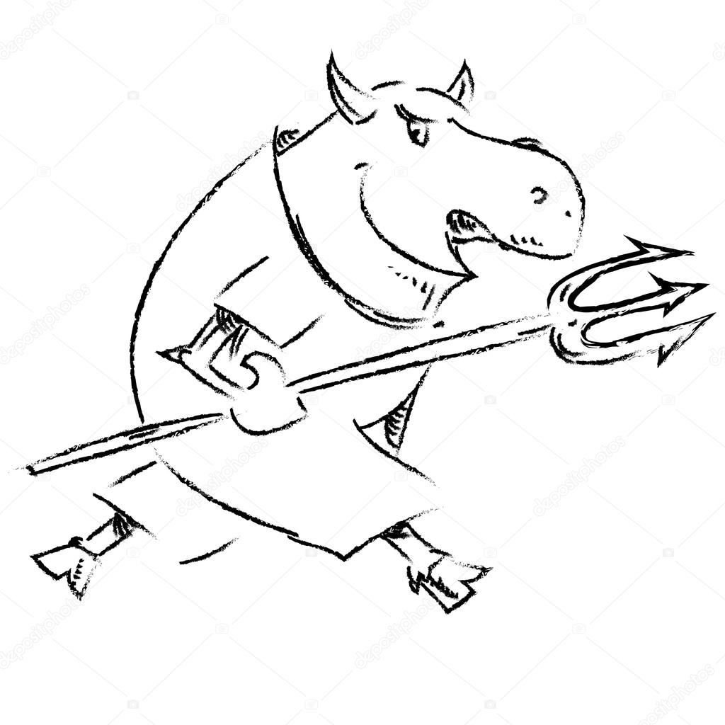 1024x1024 Devil With Trident Isolated On White. Hand Drawing Sketch Vector