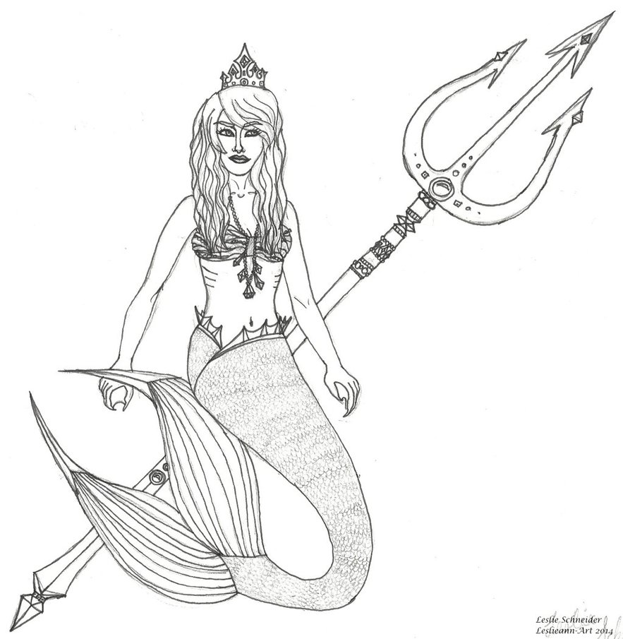 883x905 Mermaid With Trident Line Art By Leslieann Art