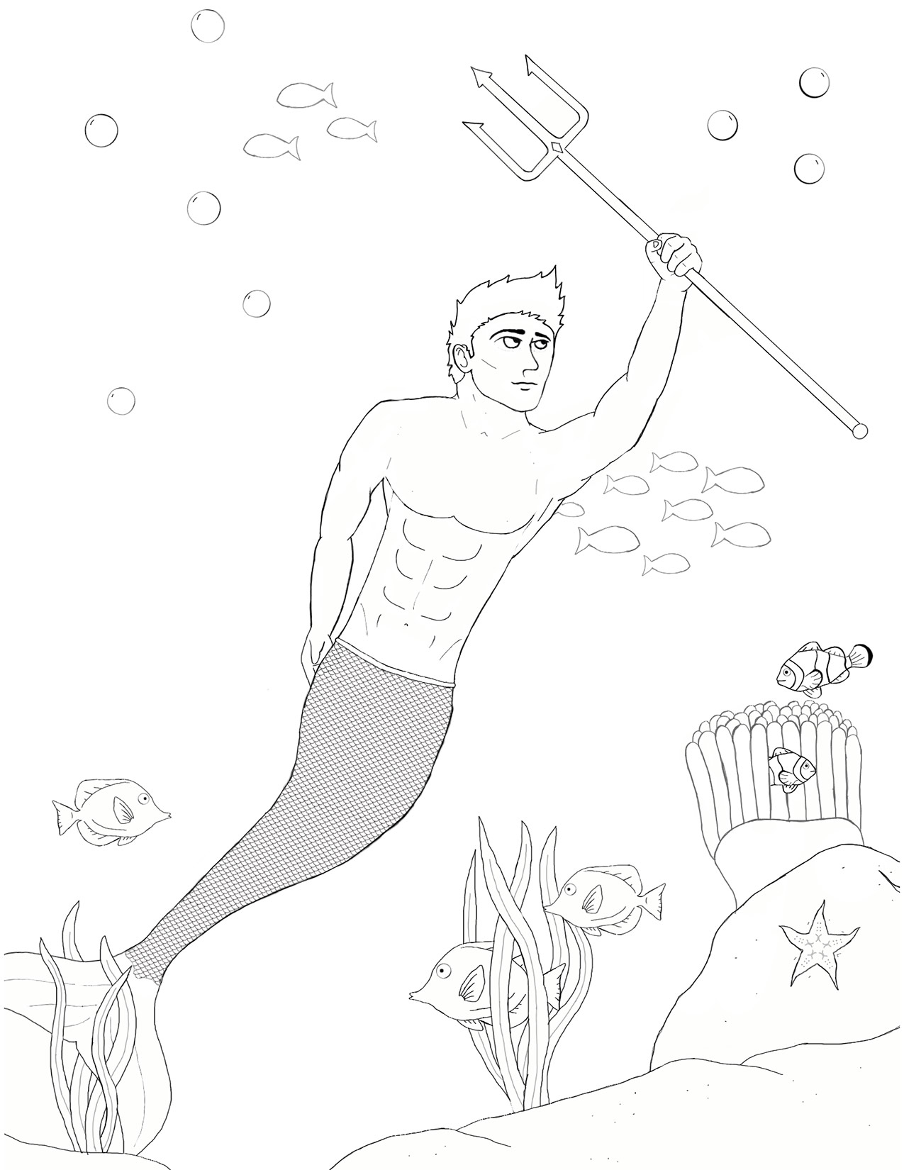 1275x1650 Merman With Trident Coloring Page