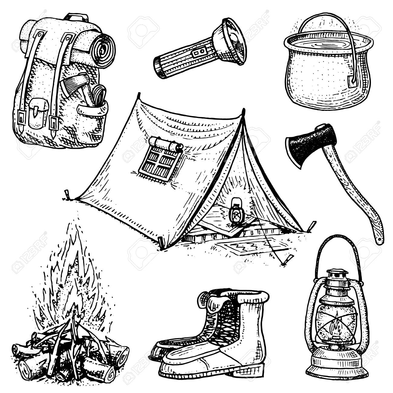 1300x1300 Camping Trip, Outdoor Adventure, Hiking. Set Of Tourism Equipment
