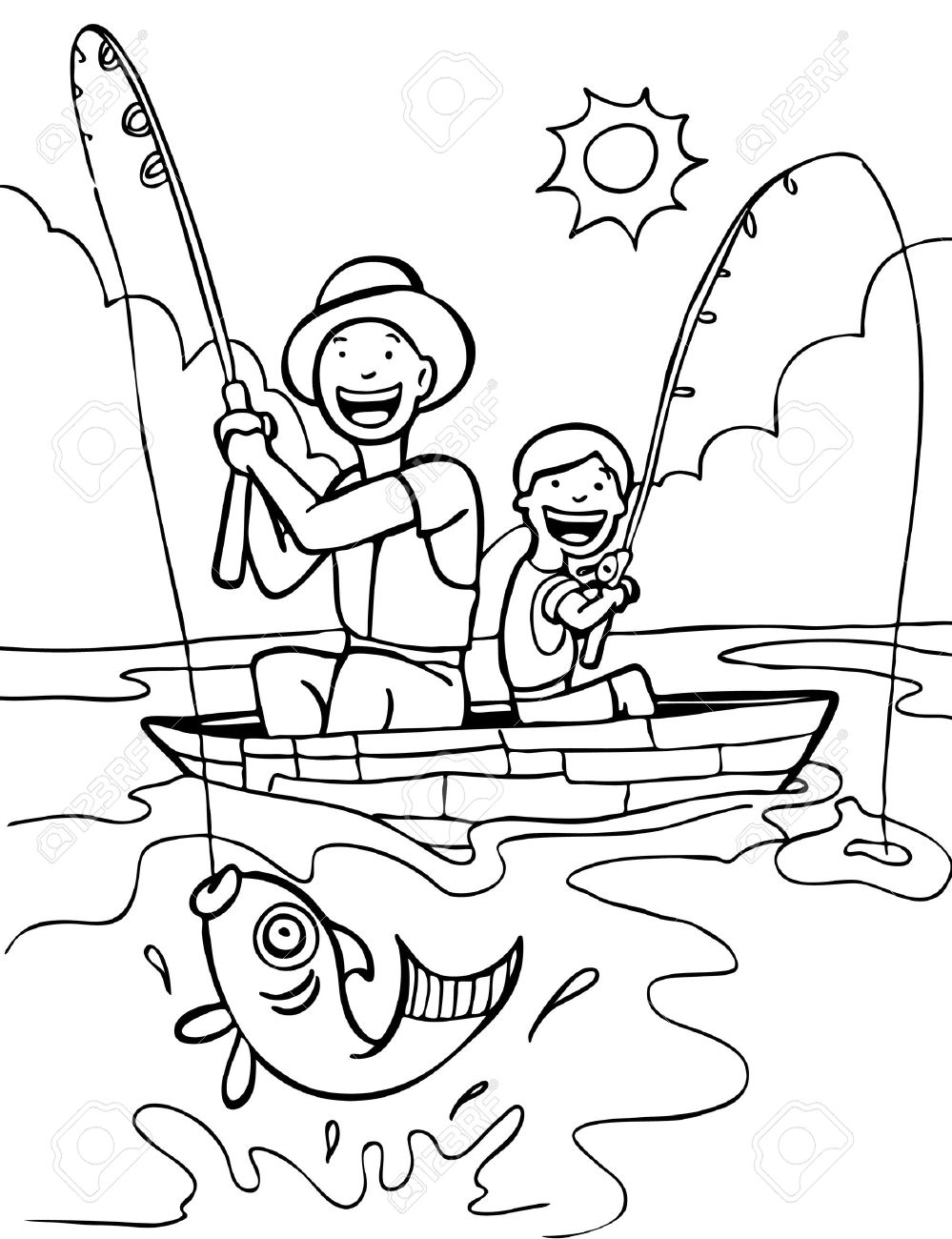 999x1300 Father Son Fishing Trip Line Art Royalty Free Cliparts, Vectors