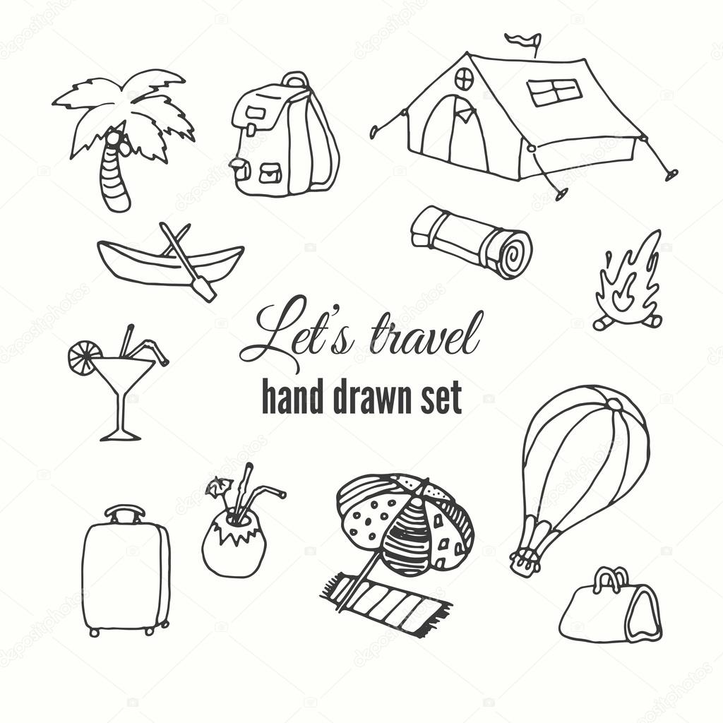 1024x1024 Travel Elements Set. Vector Design Of Traveler Elements. Trip Hand