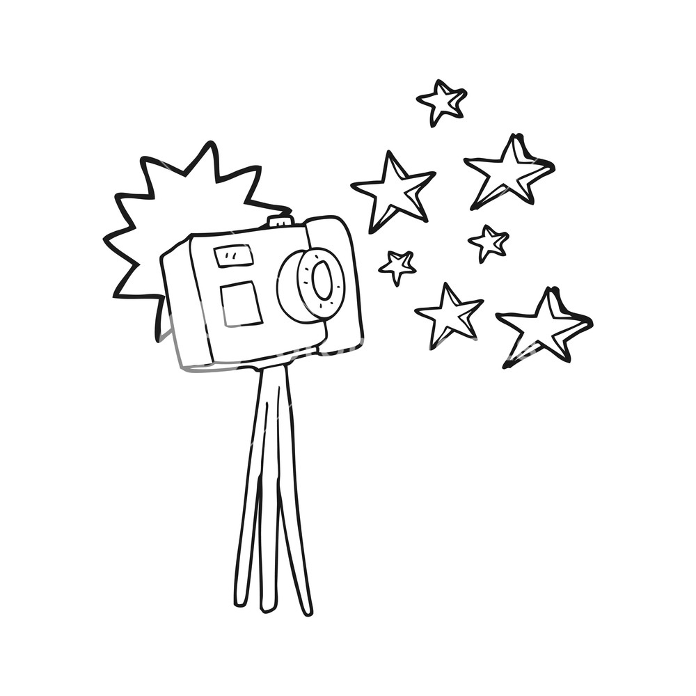1000x1000 Freehand Drawn Black And White Cartoon Camera On Tripod With Flash