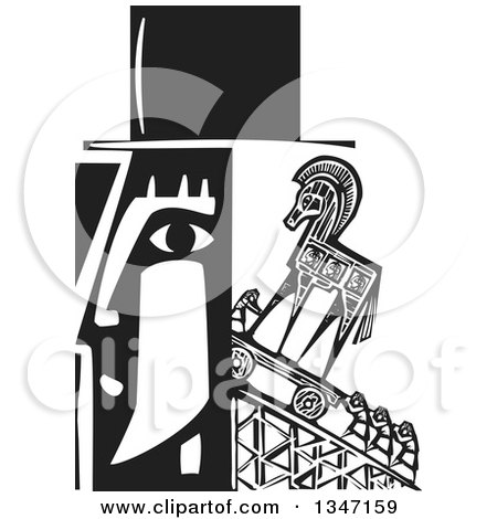 450x470 Clipart Of A Black And White Woodcut Greek Trojan Horse Within