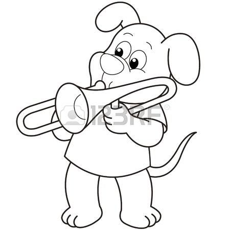 450x450 Cartoon Dog Playing A Trombone Black And White Royalty Free