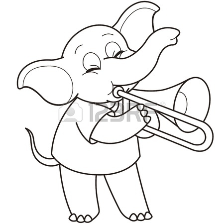 450x450 Cartoon Elephant Playing A Trombone Black And White Royalty Free