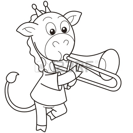 450x450 Cartoon Giraffe Playing A Trombone Black And White Royalty Free